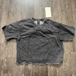 Wildfang Essential Denim Boxy Top Frayed Hem Short Sleeve Button Back XS